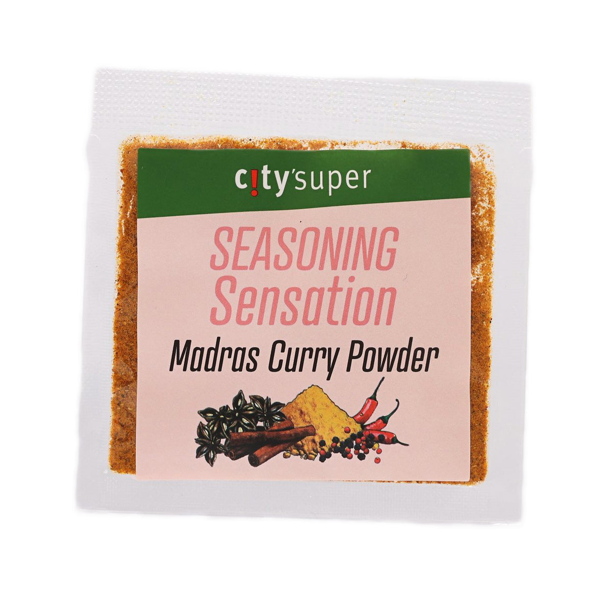CITYSUPER Madras curry powder sachet, front label with spice illustrations