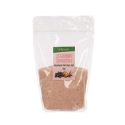 Fine pink rock salt in clear resealable pouch, front label visible (500g)