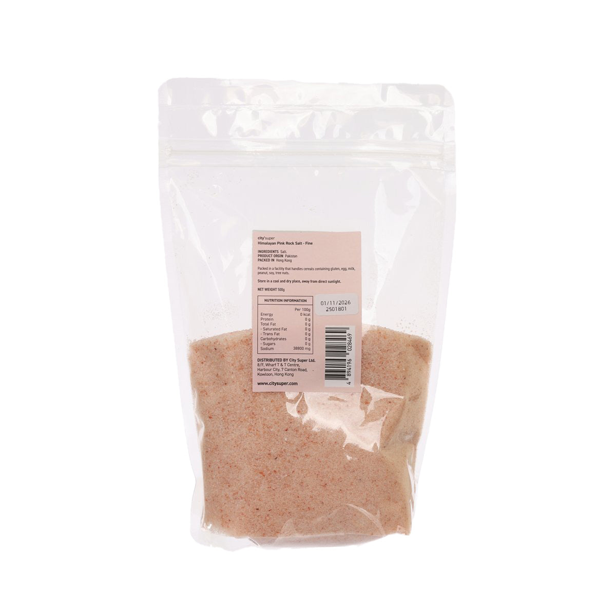 Fine pink rock salt in clear resealable pouch, back label and barcode (500g)