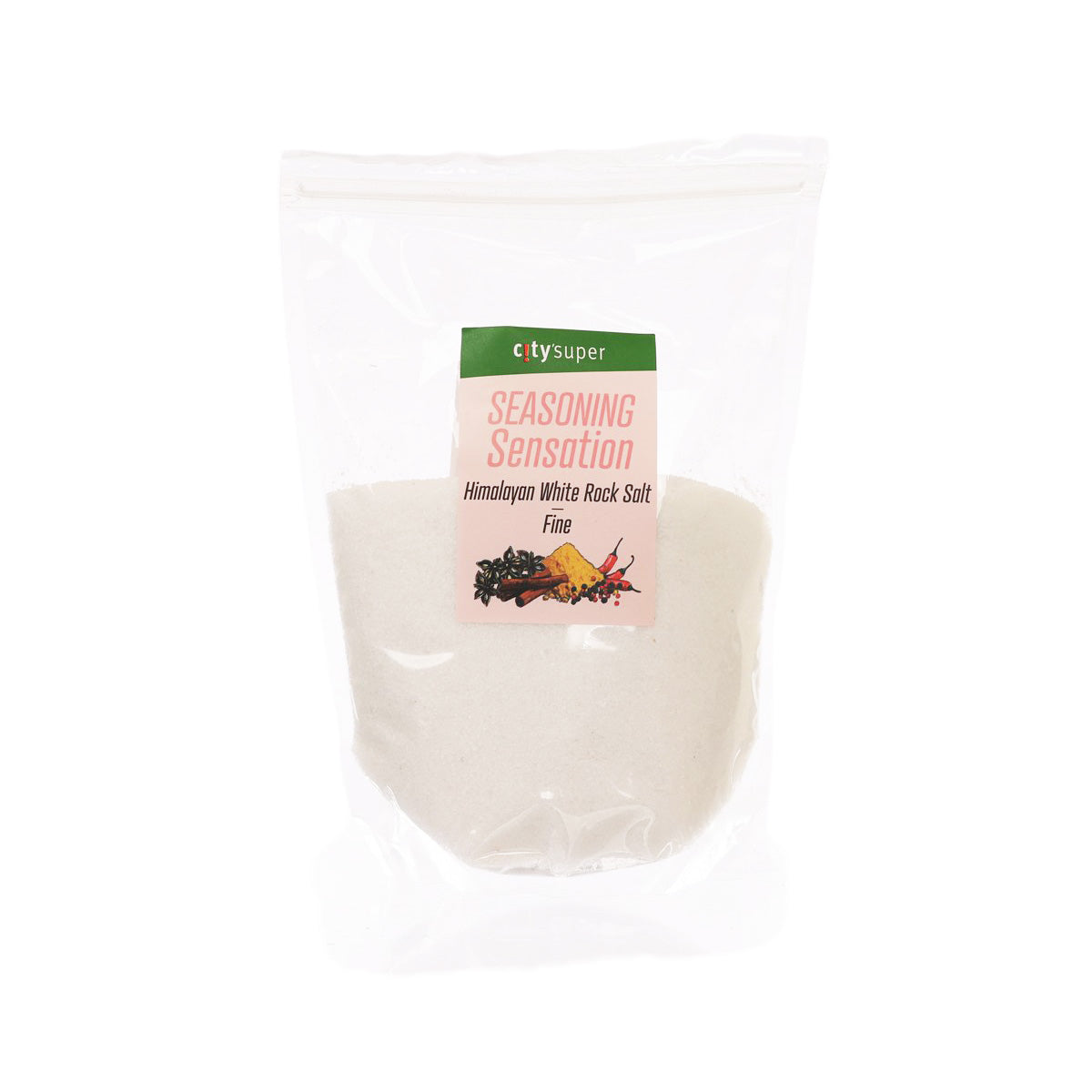Fine Himalayan white rock salt in resealable clear plastic bag with front label