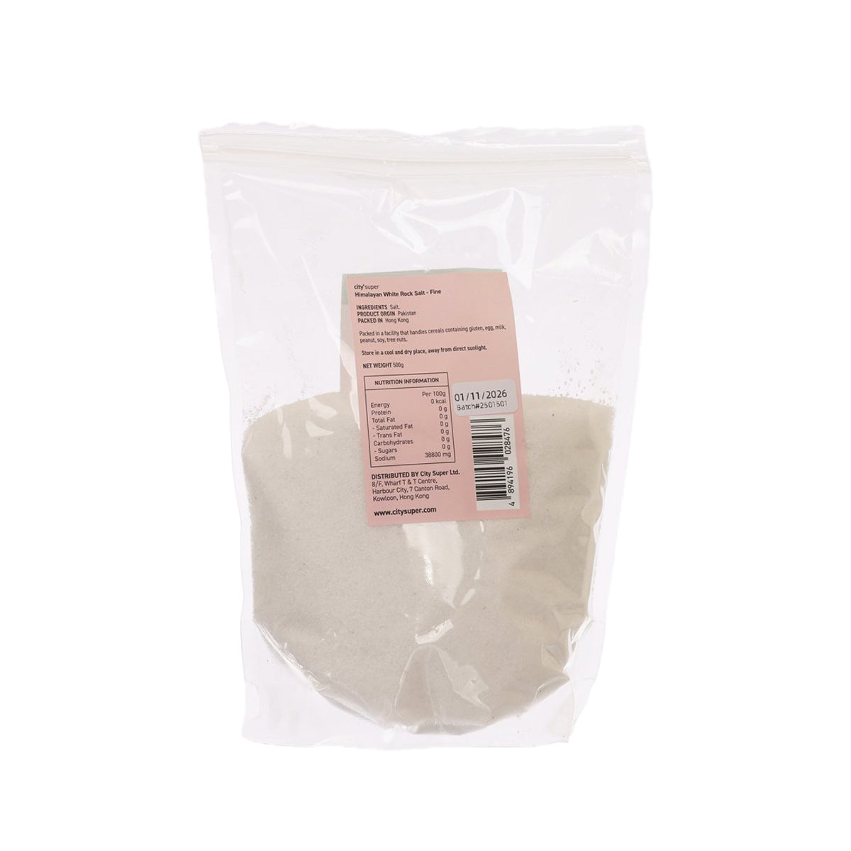 Fine Himalayan white rock salt bag with back label and barcode