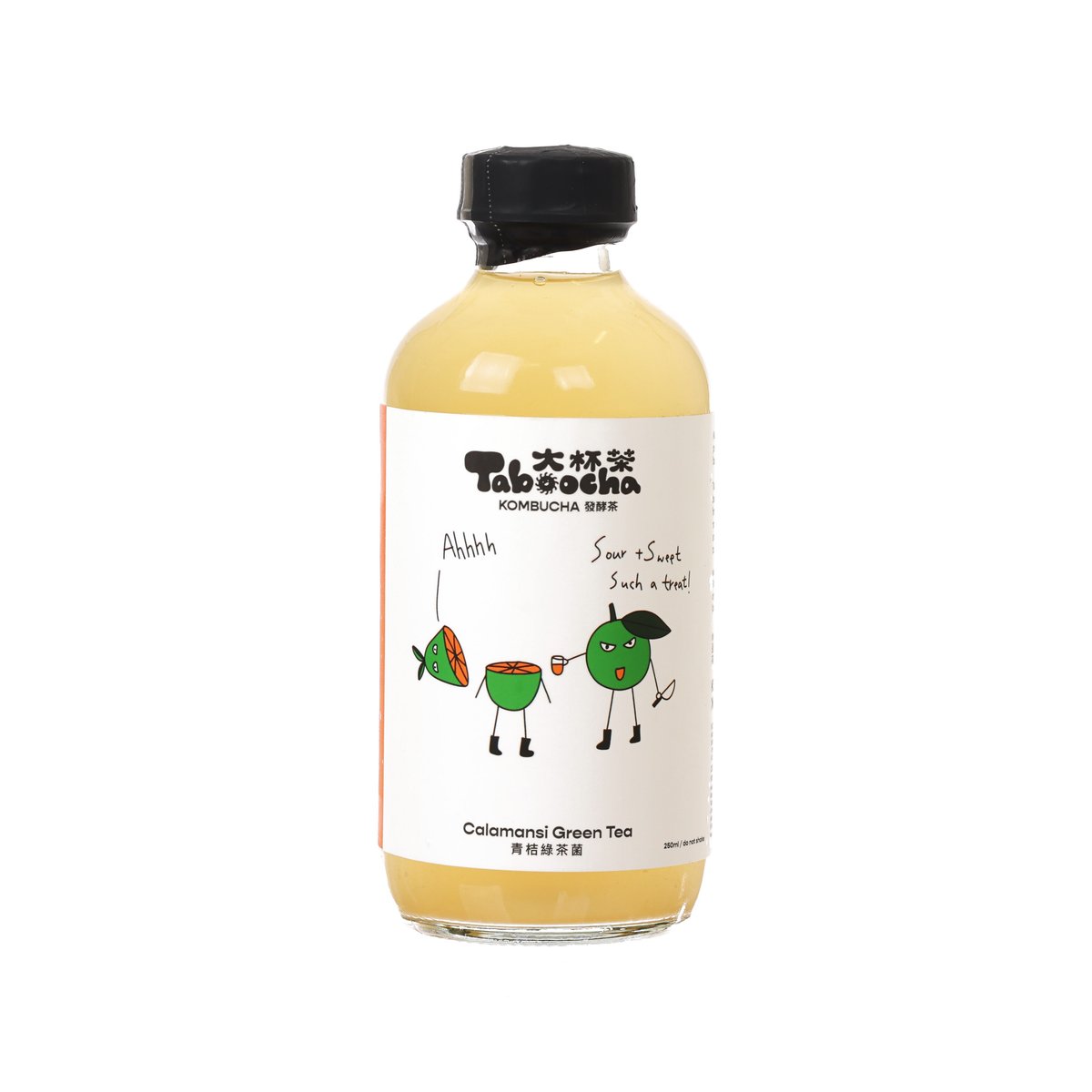 Calamansi green tea kombucha bottle with black cap and front label with cartoon characters
