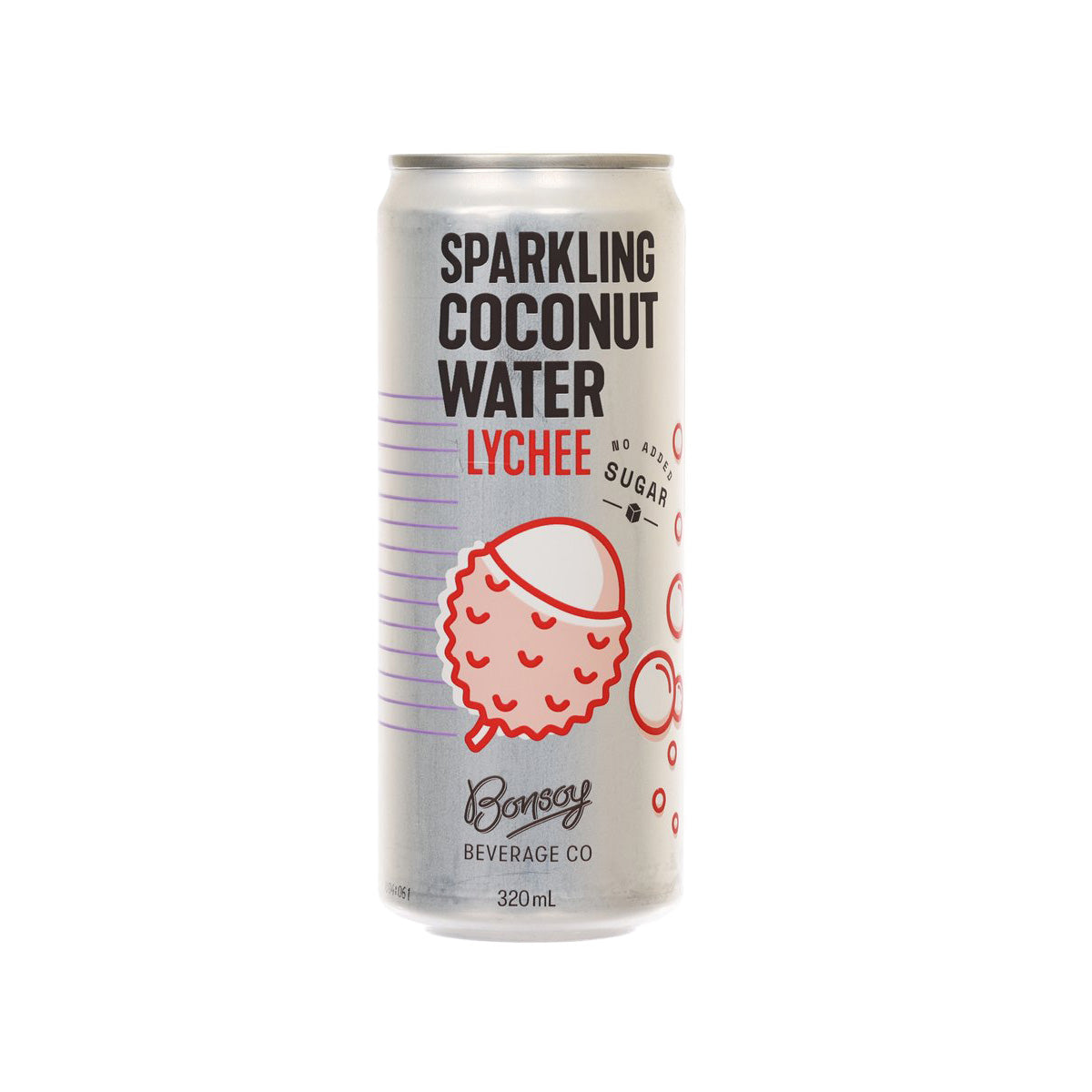 Lychee sparkling coconut water can, 320 mL, silver with front label