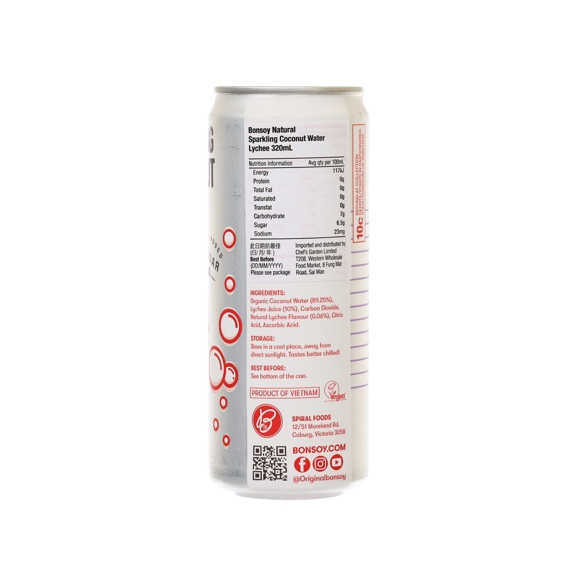Lychee sparkling coconut water can, 320 mL, back label and nutrition panel