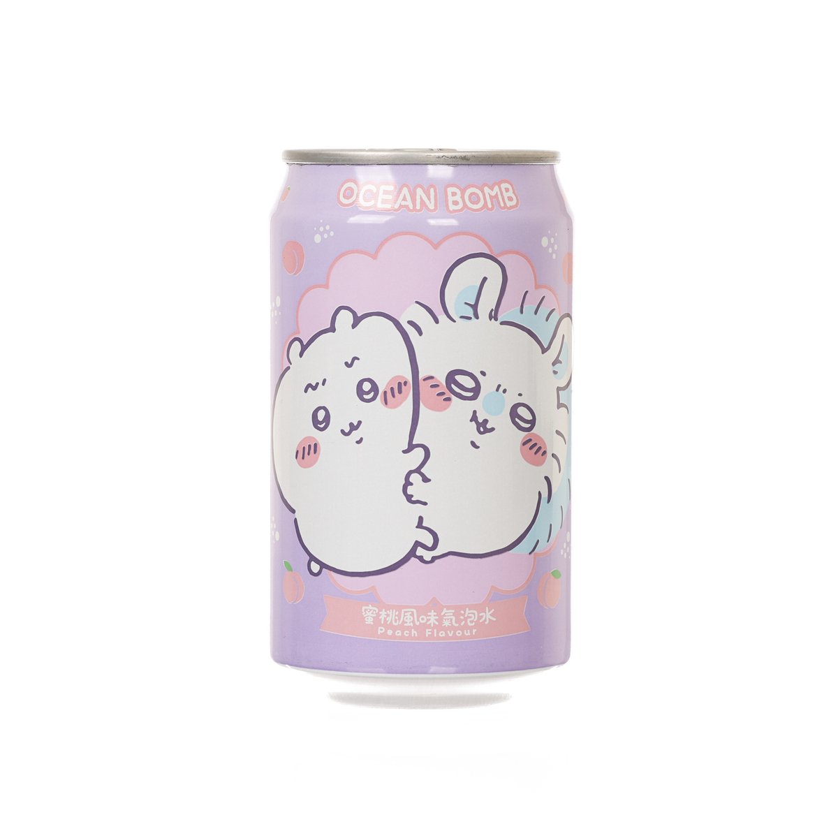 Peach-flavored sparkling water can, purple with cute animal cartoon front label