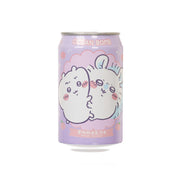 Peach-flavored sparkling water can, purple with cute animal cartoon front label