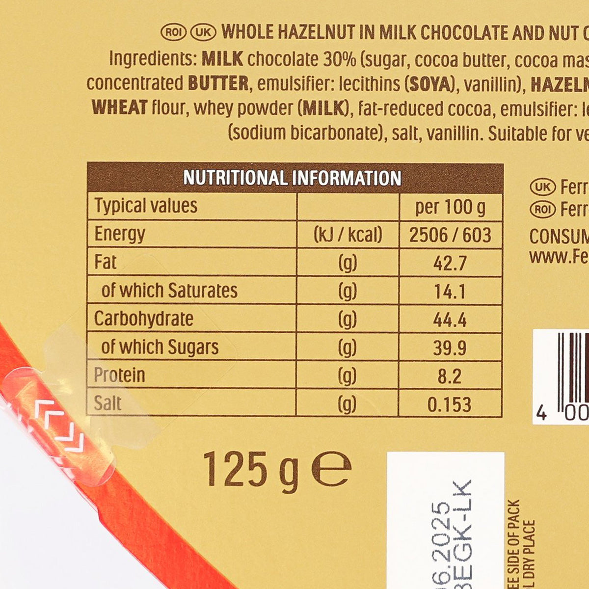 Heart-shaped chocolate box 125 g label with nutritional information close-up