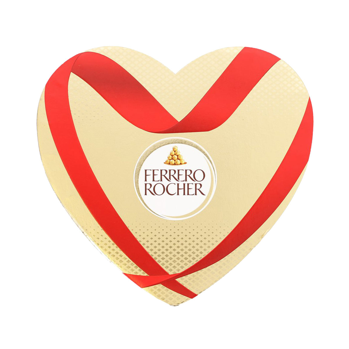 Heart-shaped chocolate box with cream background and red ribbon stripe design