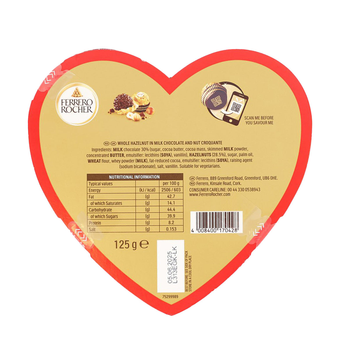 Heart-shaped chocolate box back with nutrition panel, barcode, and 125 g label