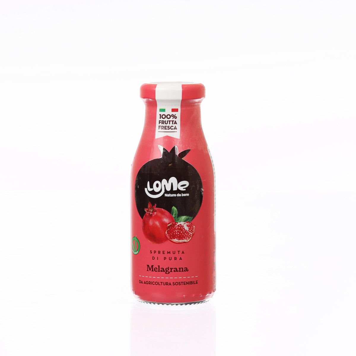 200 mL pomegranate juice bottle with red cap and front label