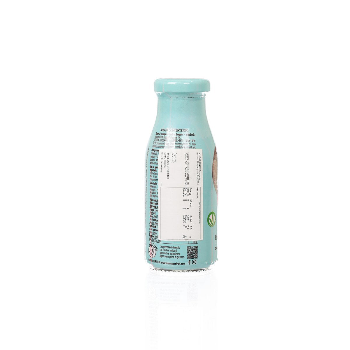 200mL Lome juice bottle back label with barcode and ingredients on teal bottle