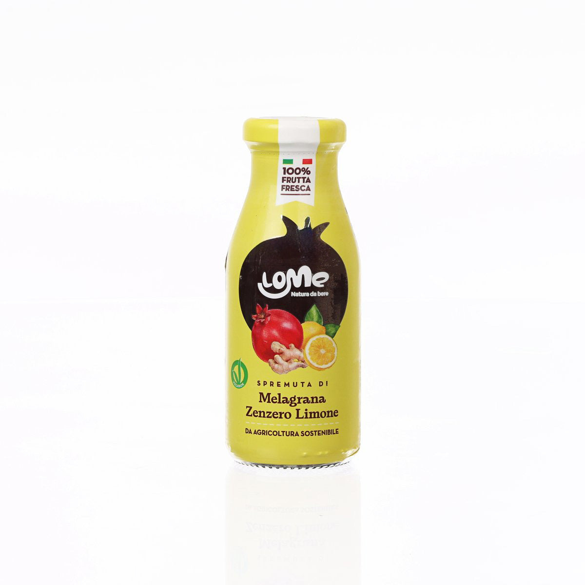Bottle of LOME pomegranate, ginger & lemon juice, 200 mL with yellow cap