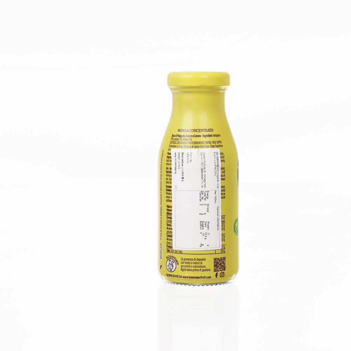 Back label on LOME pomegranate, ginger & lemon juice bottle, 200 mL