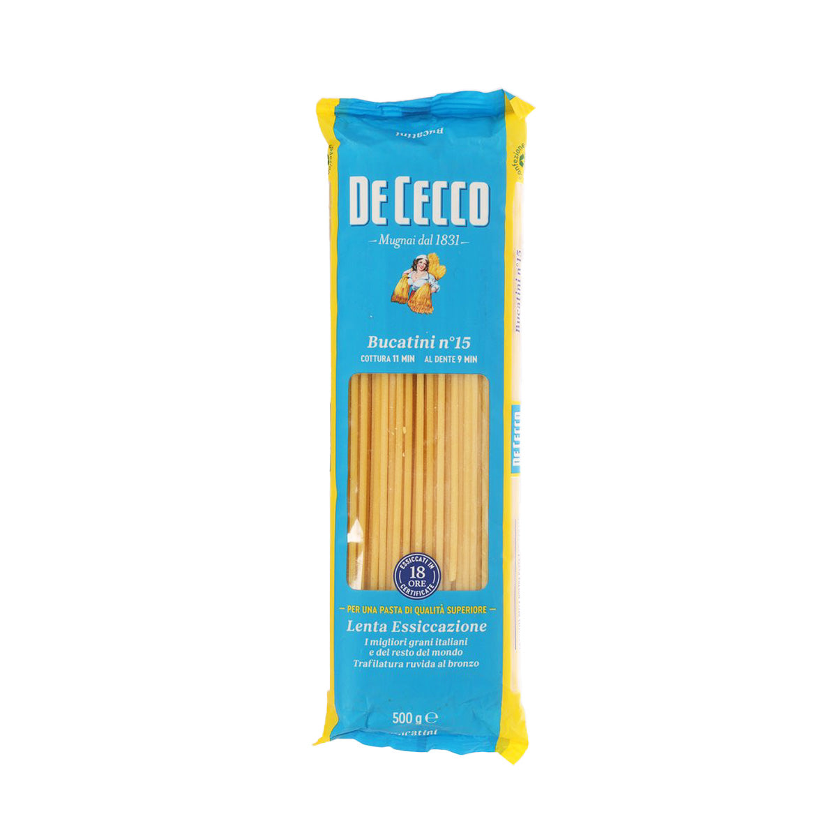 Bucatini pasta 500 g bag with blue and yellow De Cecco branding