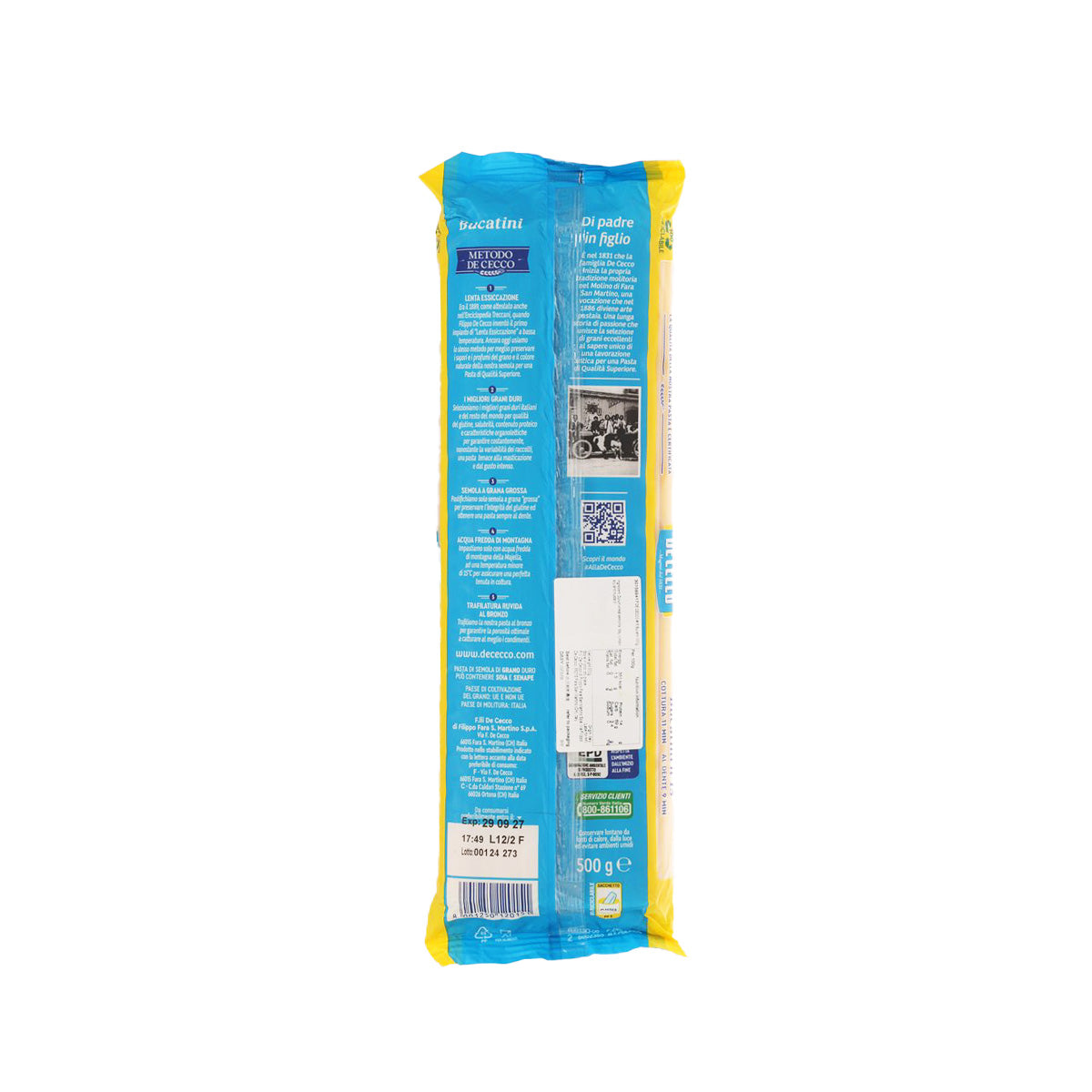 Bucatini pasta 500 g bag, back panel with ingredients and barcode