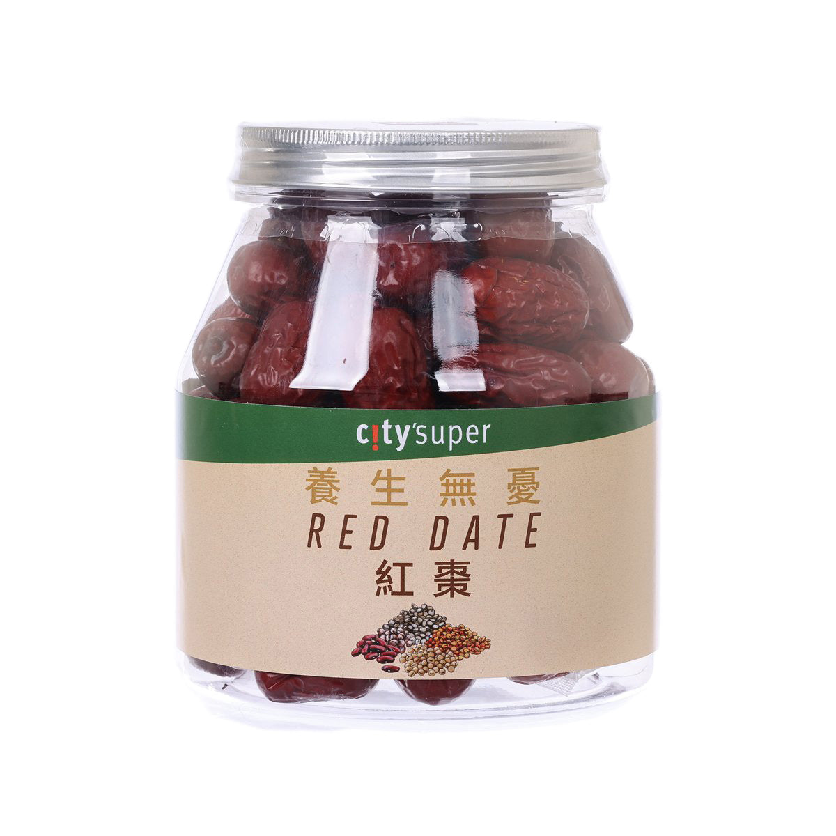 Jar of red dates with pits (300 g), clear sealed container with CITYSUPER label.