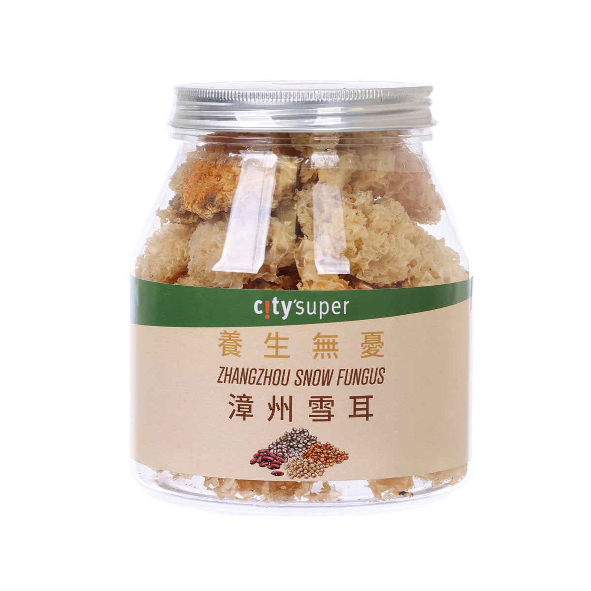Dried snow fungus jar with clear glass container and green label, 100 g