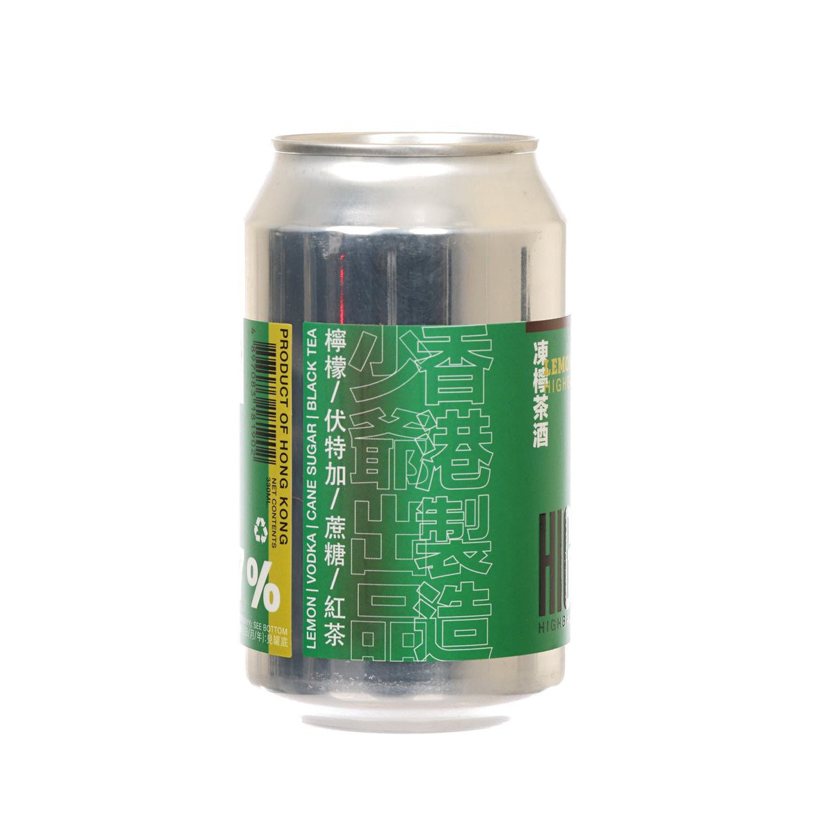HIGHERTHAN lemon tea highball can, green with barcode and ingredient text on back