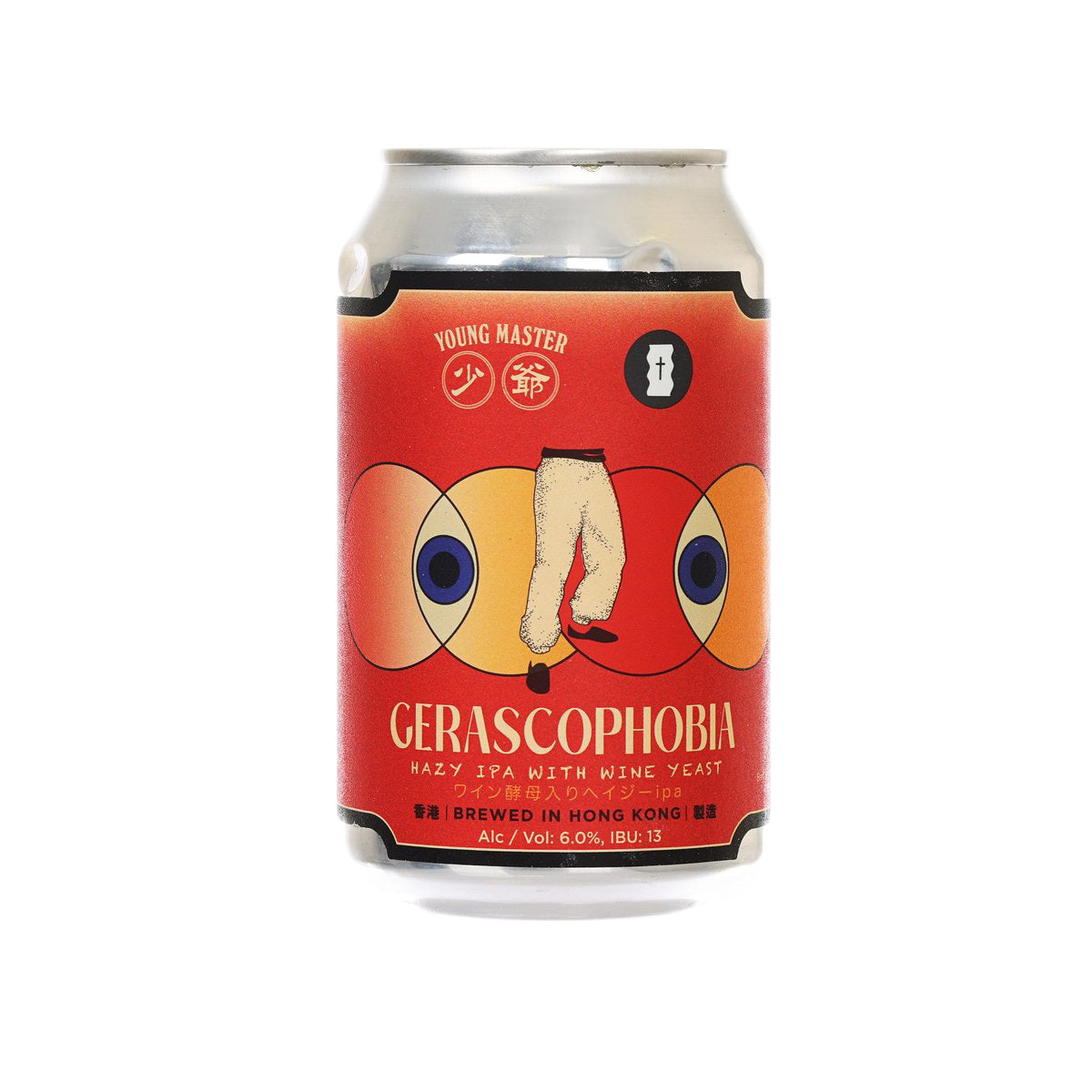 YOUNG MASTER Gerascophobia hazy IPA beer can, red illustrated front label