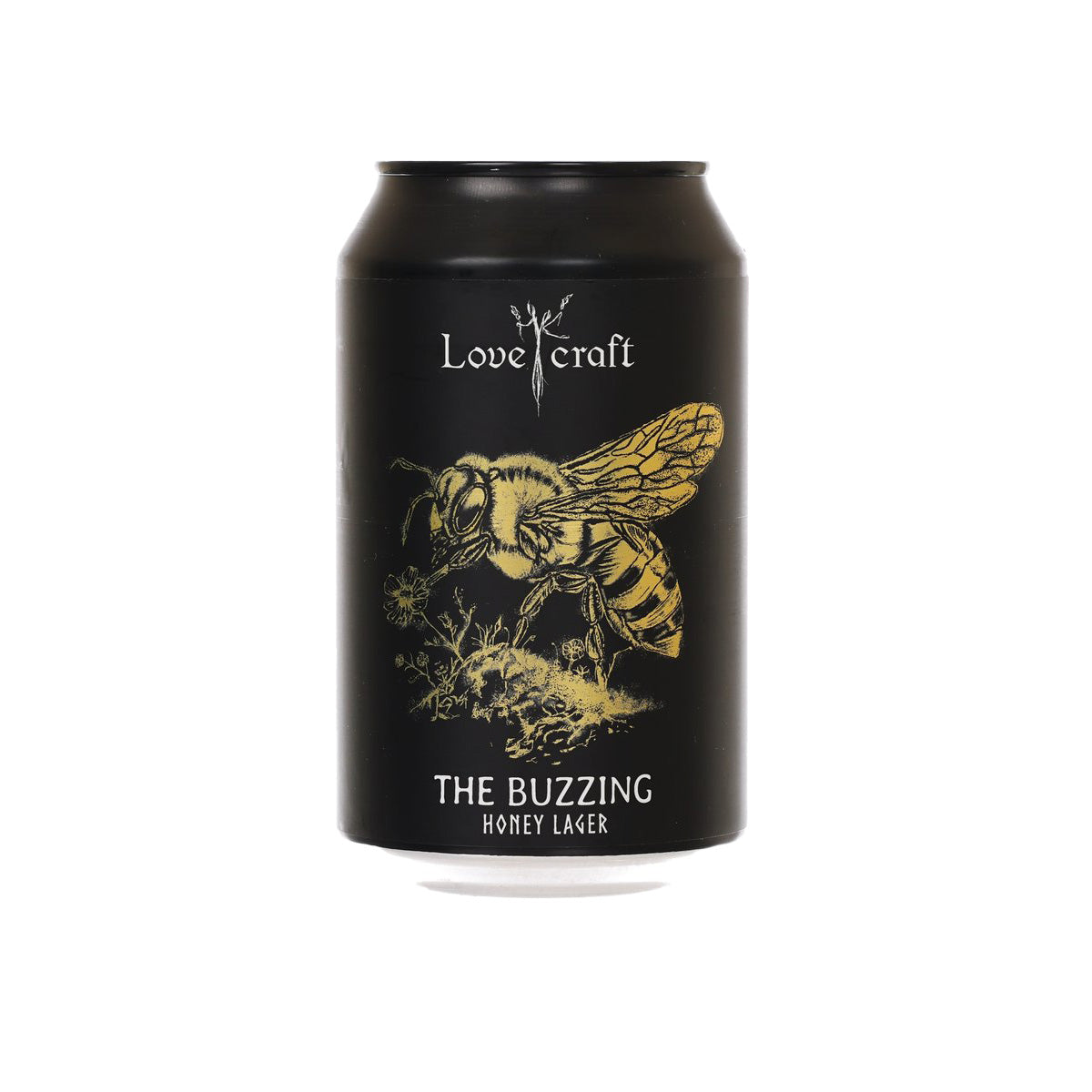 Black beer can with gold Lovecraft lettering and bee illustration, honey lager text