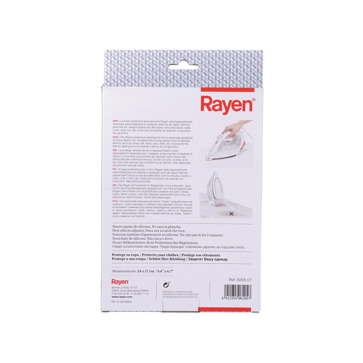 RAYEN protective iron soleplate cover package back with care and size icons