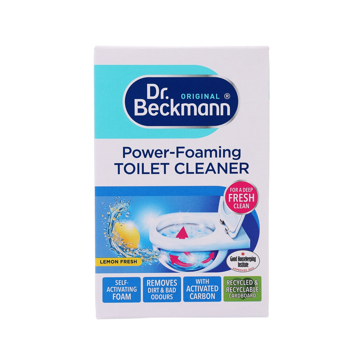 Dr. Beckmann power-foaming toilet cleaner box, white with blue label and lemon fresh