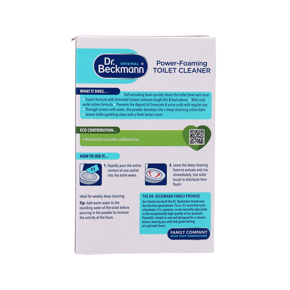 Dr. Beckmann power-foaming toilet cleaner carton back panel with usage instructions