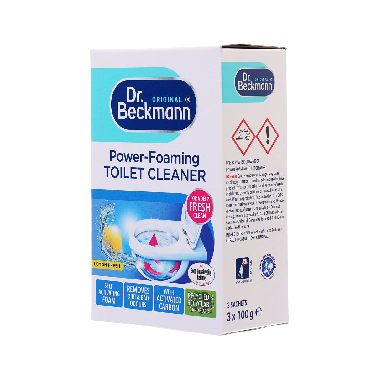 Dr. Beckmann power-foaming toilet cleaner carton, side panel with hazard symbols