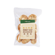 Monkey head mushroom bag, dried brown mushrooms in clear pouch with label