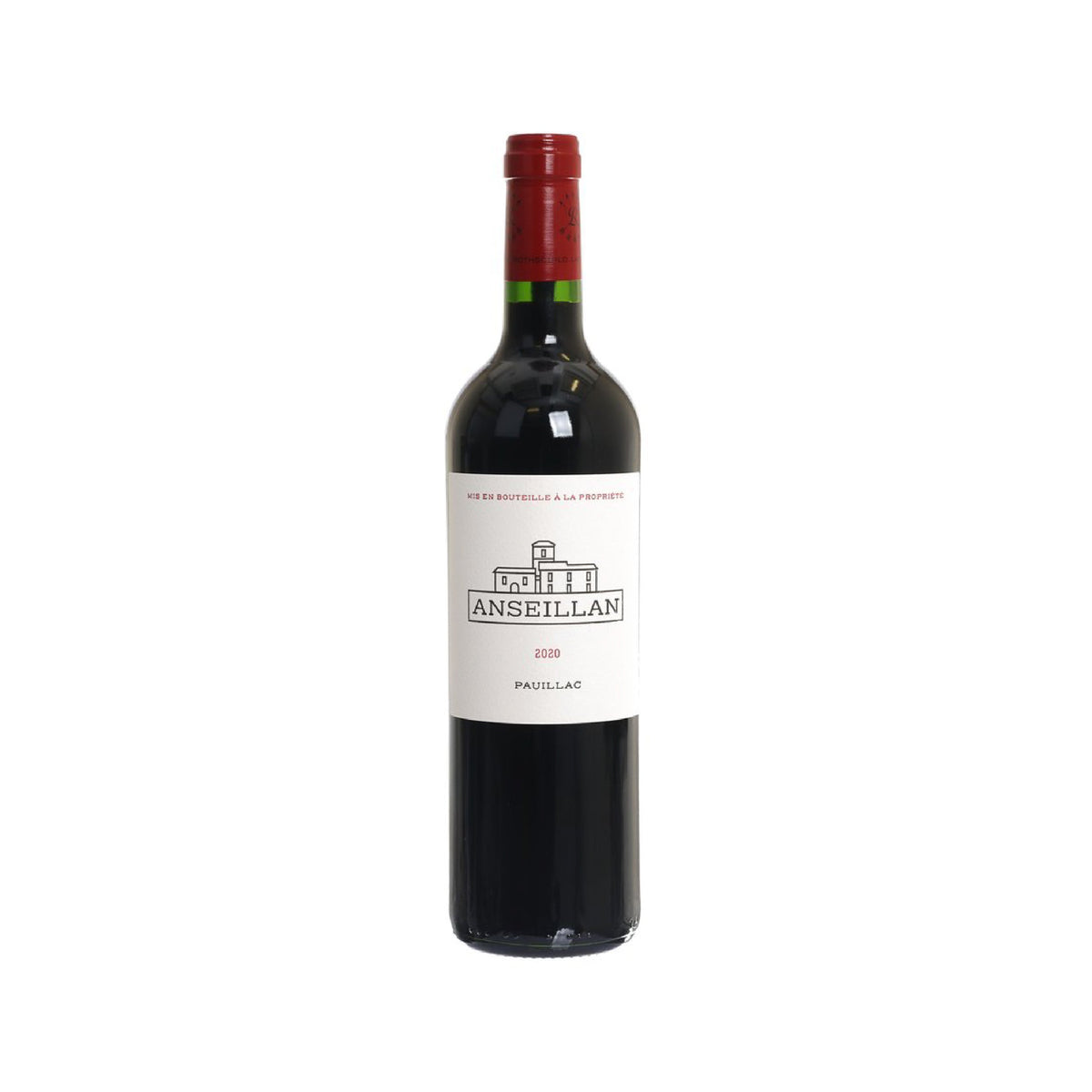 Wine bottle with red capsule and front label marked ANSEILLAN