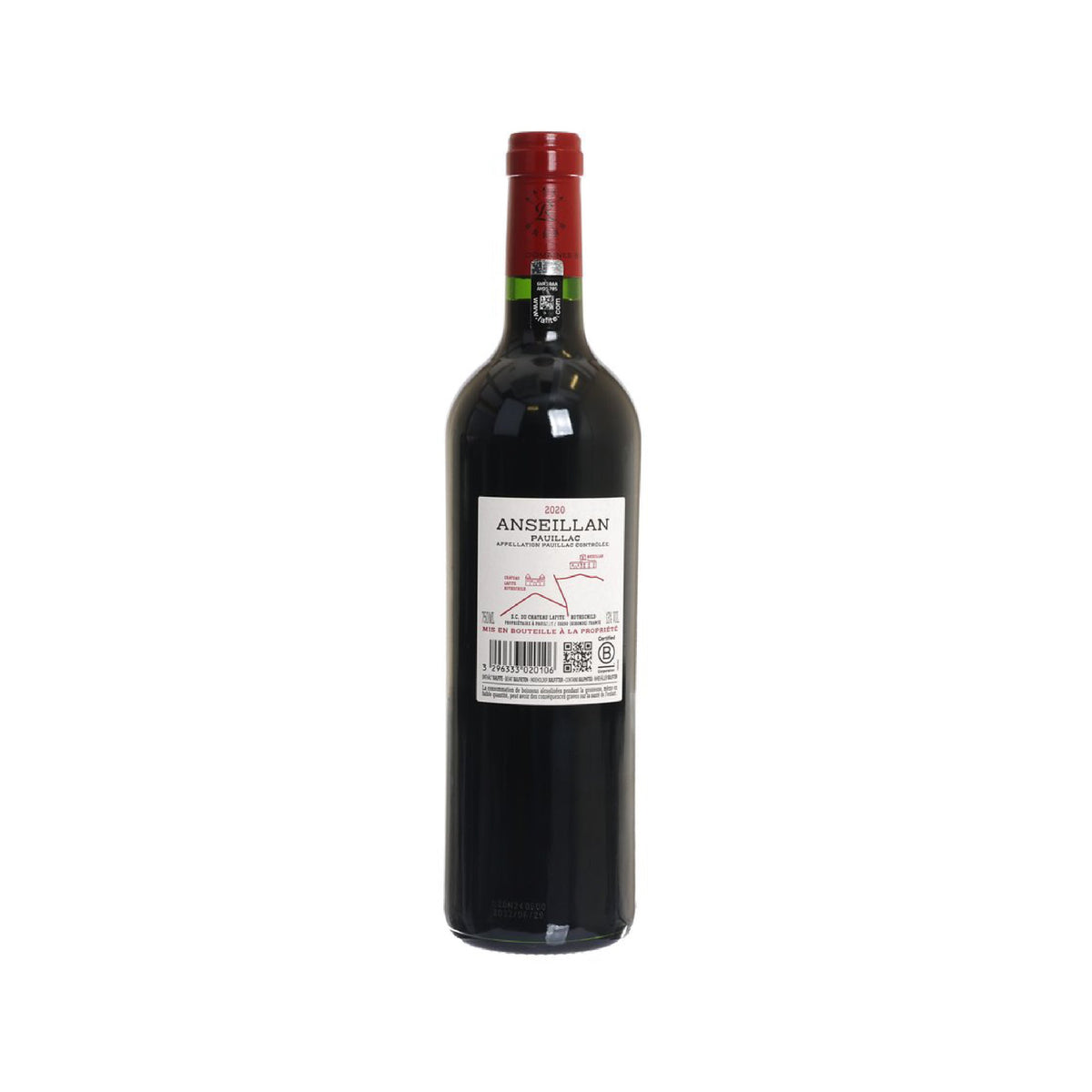 Wine bottle with red capsule and back label with barcode