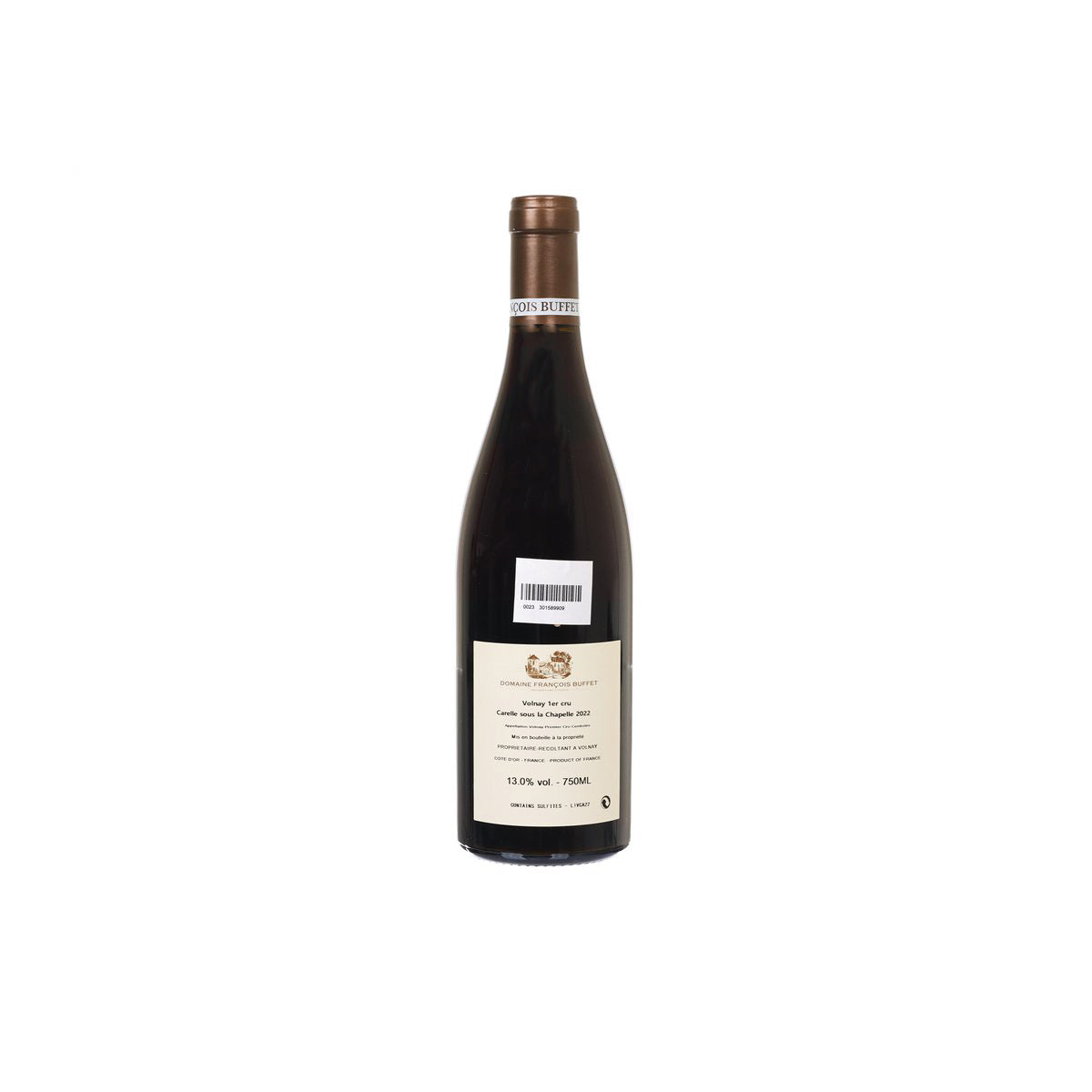 Volnay 1er Cru Carelle sous la Chapelle 2022 wine bottle, back label, 750mL