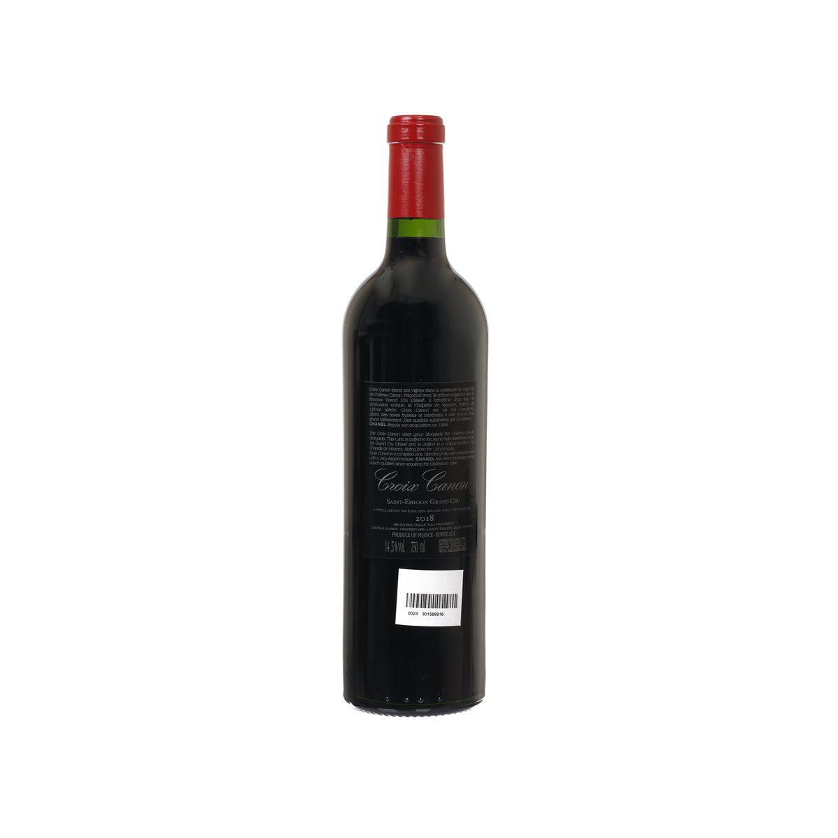Croix Canon red wine bottle with back label and barcode