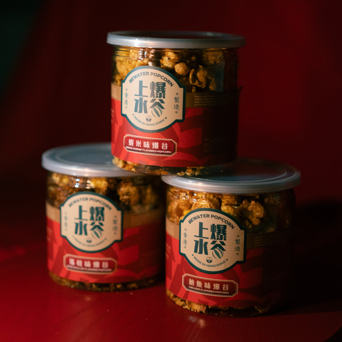 Dried seafood popcorn gift set with three red-labeled jars, 3 x 68g