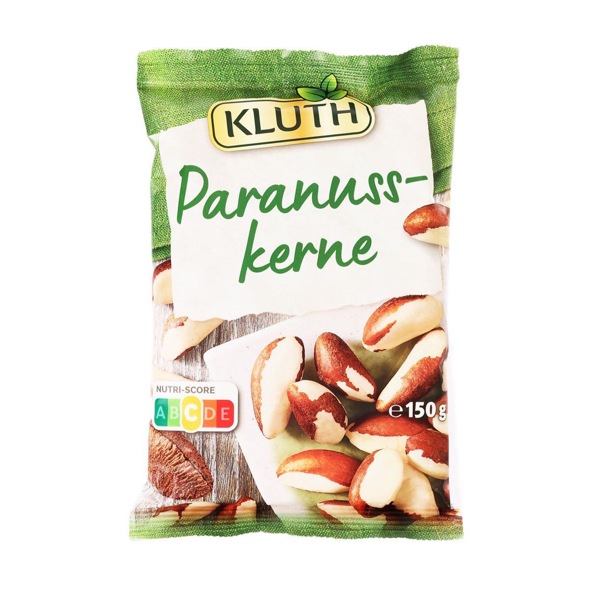 Raw Brazil nut kernels pouch, green-and-white front with nut pieces and 150 g