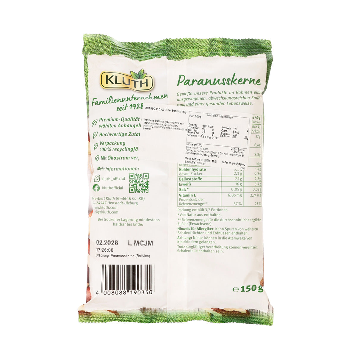 Raw Brazil nut kernels pouch, back with ingredients and nutrition panel, 150 g
