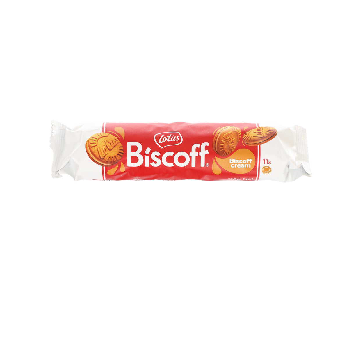 Lotus Biscoff cream sandwich biscuit pack, red wrapper with cookie sandwich graphics