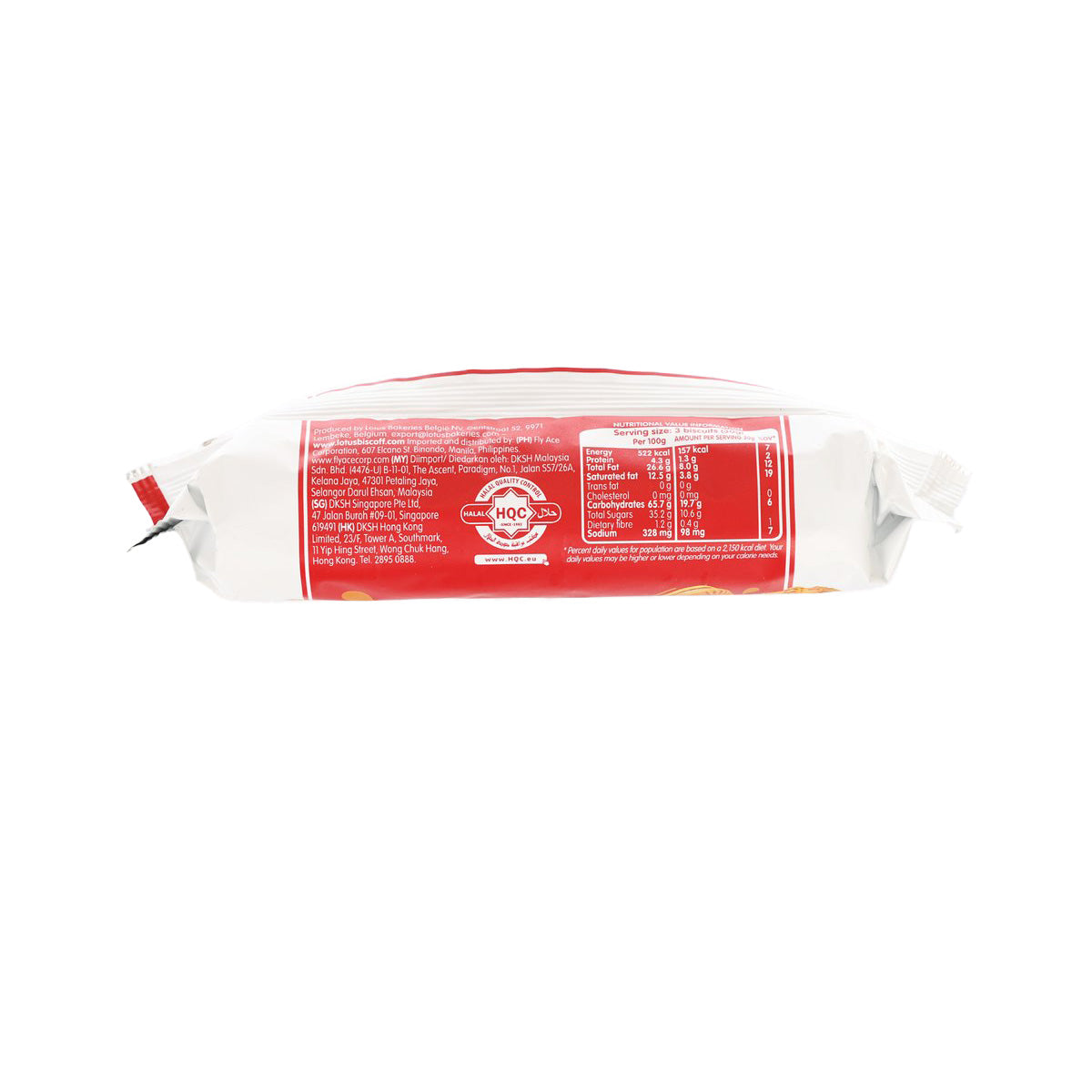 Lotus Biscoff cream sandwich biscuit pack back, red information panel with barcode