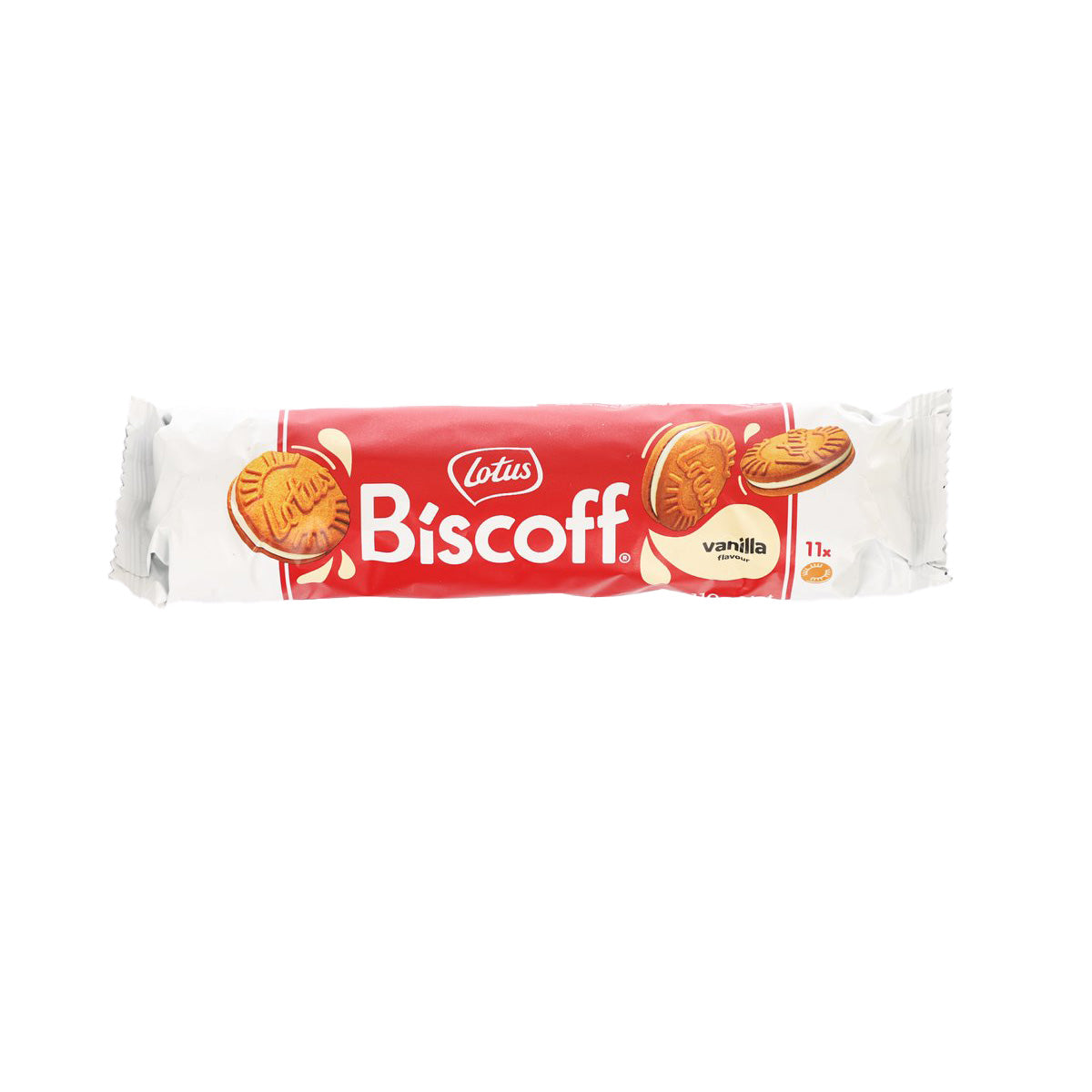 Lotus Biscoff vanilla sandwich biscuit pack, red and white wrapper