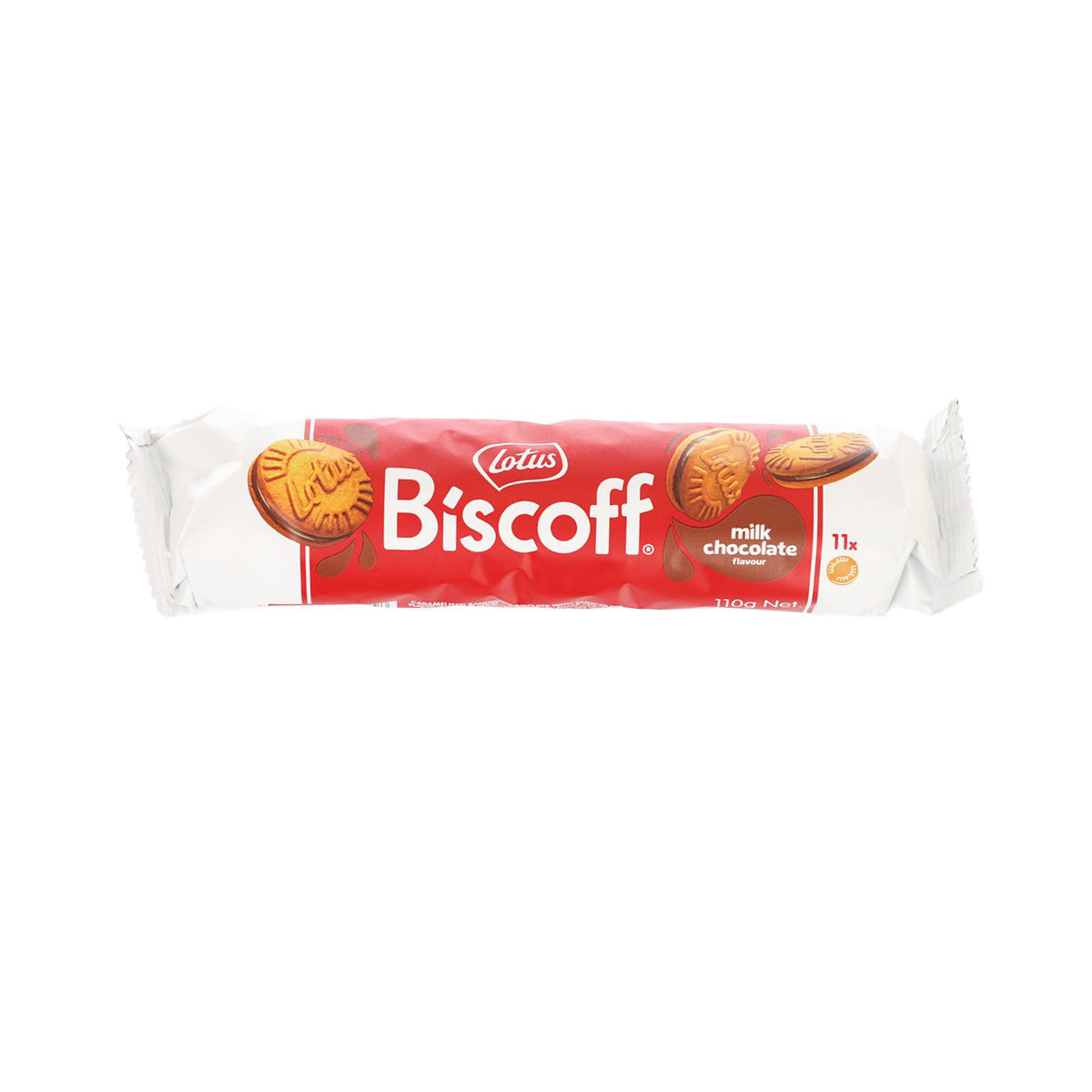 Lotus Biscoff milk chocolate sandwich biscuit pack, white and red front label