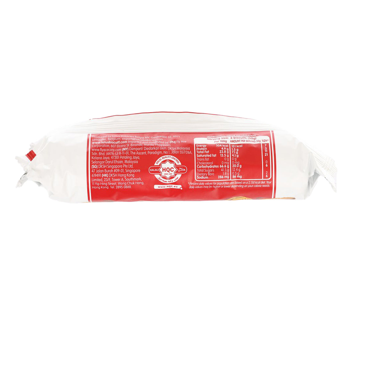 Lotus Biscoff milk chocolate sandwich biscuit pack, red back with ingredient panel