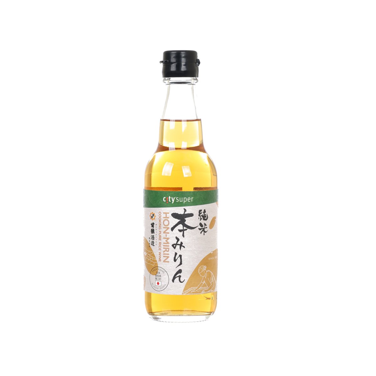 CITYSUPER hon-mirin rice wine bottle, 360 mL, amber liquid with black cap.