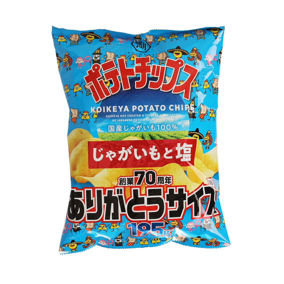 Blue potato chip bag with salt flavor, cartoon graphics and 195g size