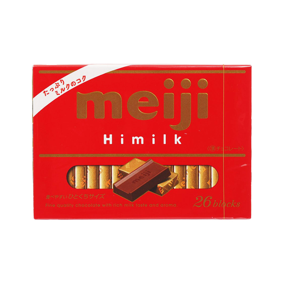 Meiji Hi Milk milk chocolate box, red package with window and chocolate pieces