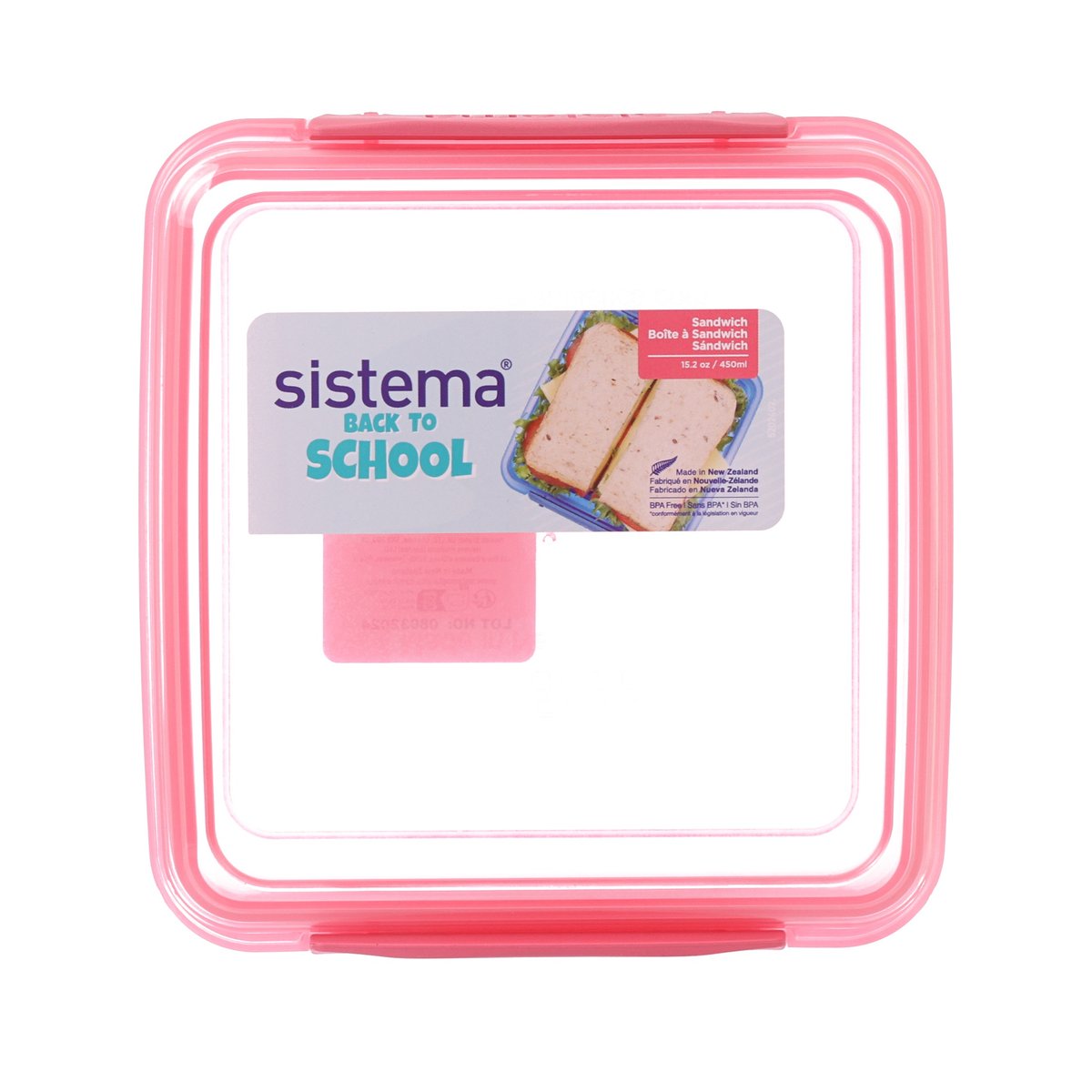 Sistema sandwich box 450 mL, pink translucent square container with hinged lid