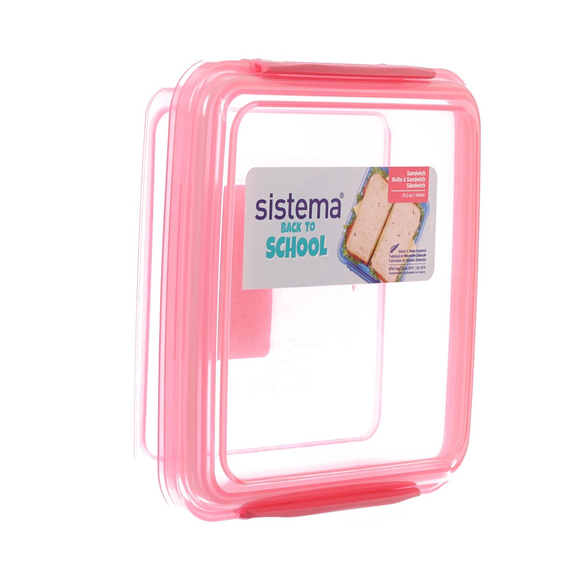 Sistema sandwich box 450 mL with hinged lid, pink translucent square style