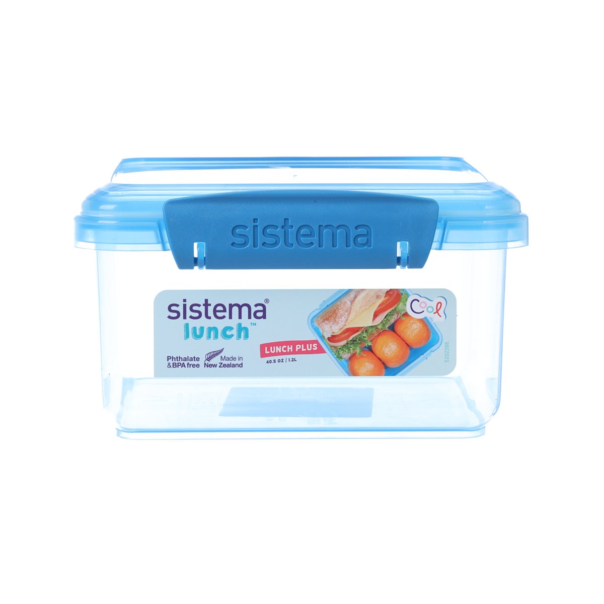 SISTEMA 1.2L lunch food container, sky blue lid and clear base, snap-lock handle
