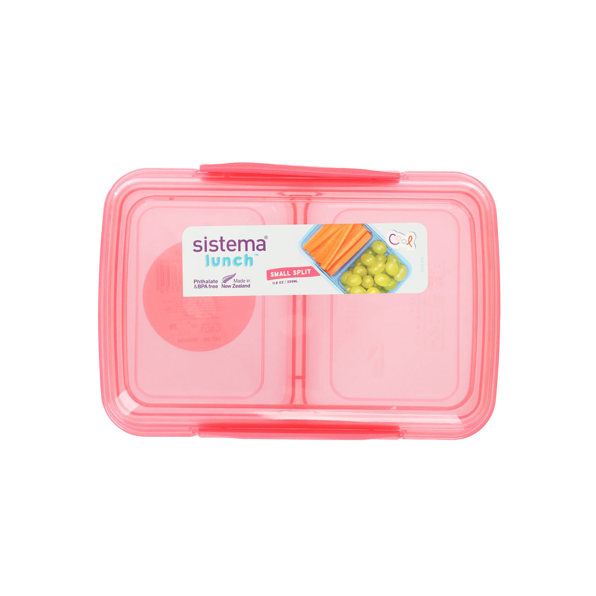 Small split lunch food container with clear pink lid, two compartments