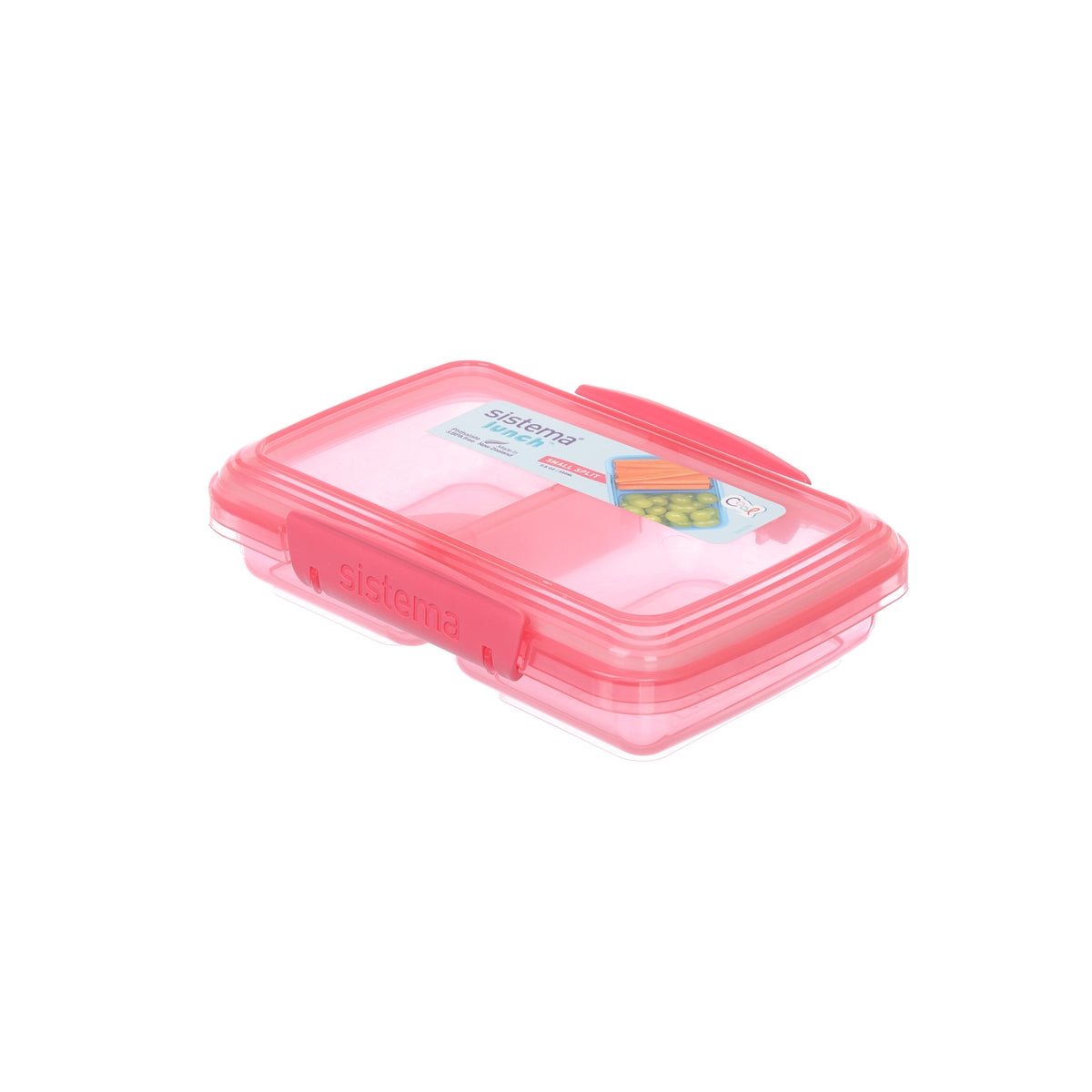 Small split lunch food container with clear pink base and lid, two sections