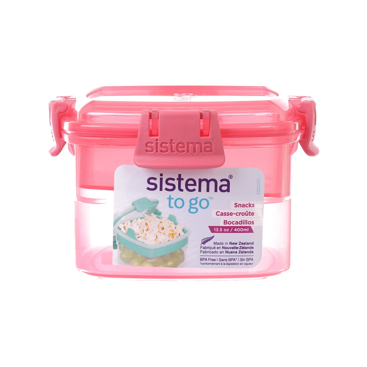 SISTEMA snack to go food container with pink lid, clear body, 400 mL